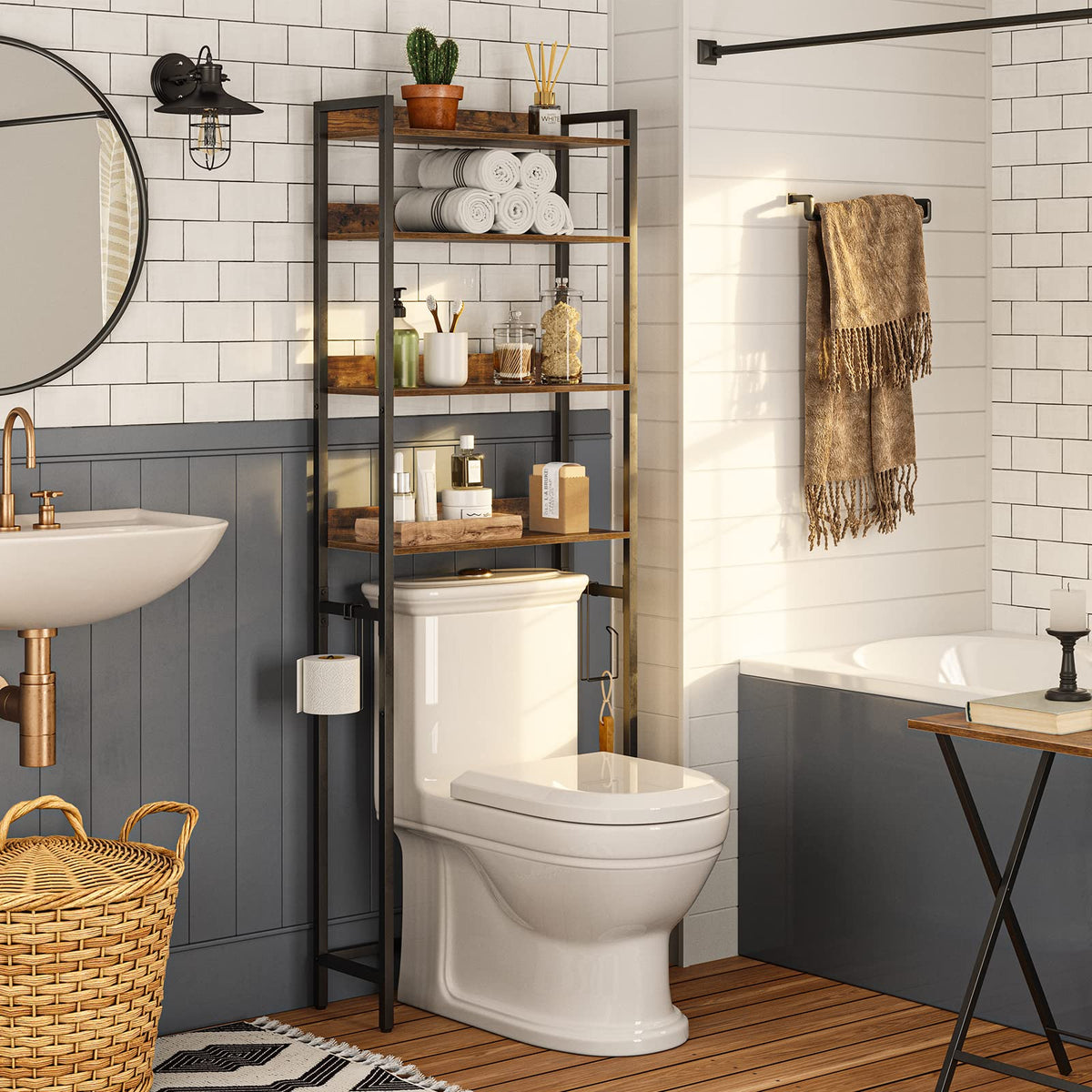 MAHANCRIS over-the-toilet rack with four shelves for extra bathroom storage space