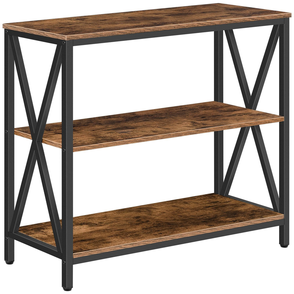 MAHANCRIS sofa table front view with rustic wood grain and black metal frame