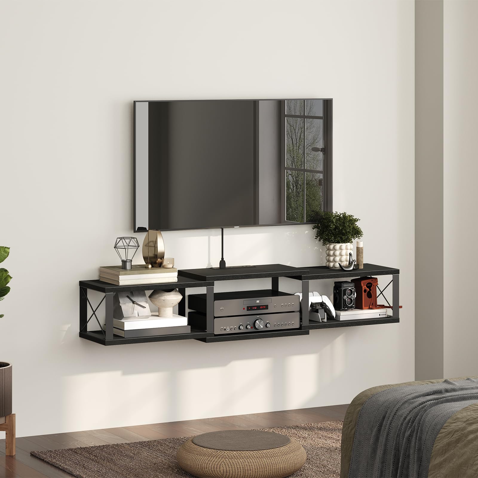 MAHANCRIS floating stand offers under-TV storage and display space.