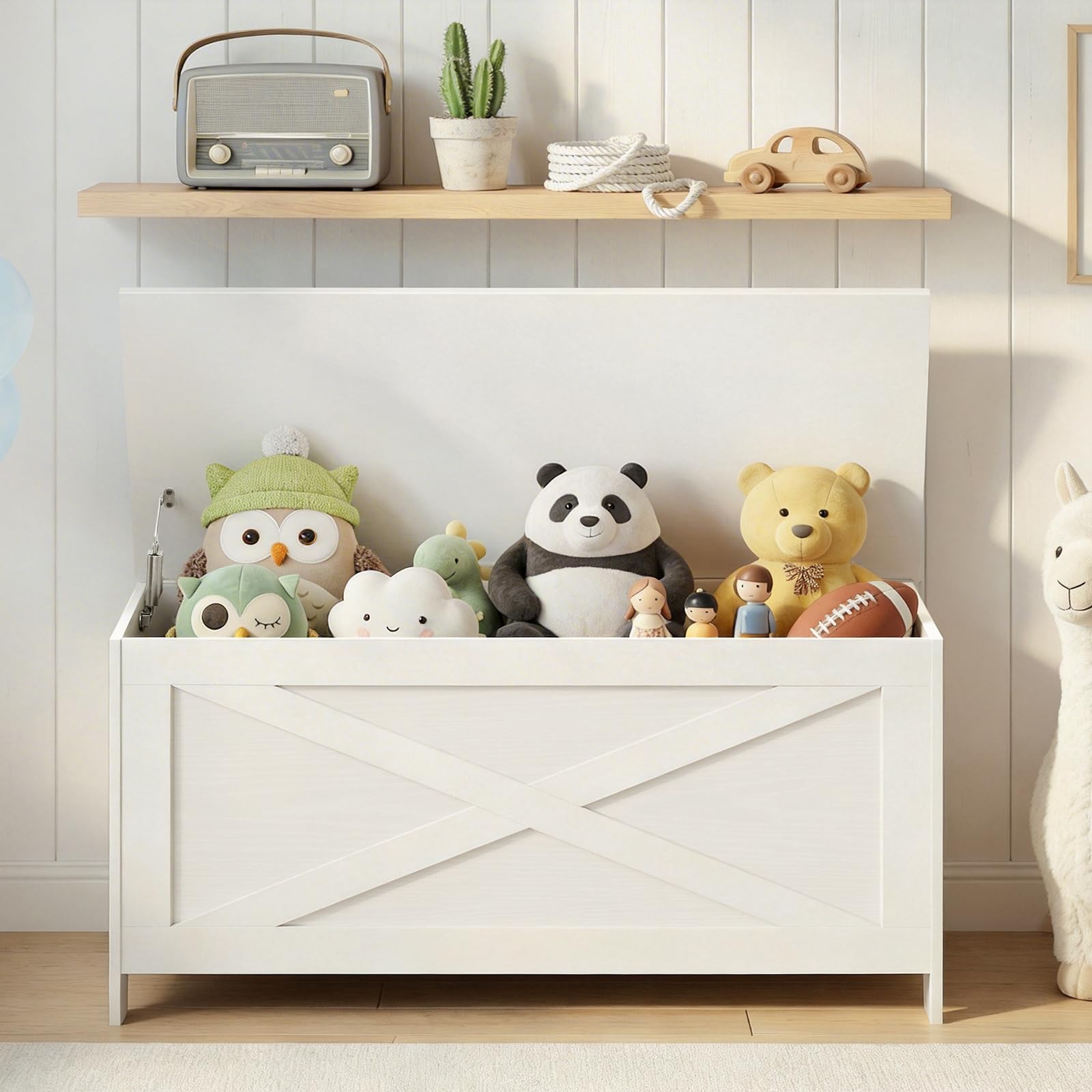 MAHANCRIS storage bench serves as a safe, lid-controlled seat.