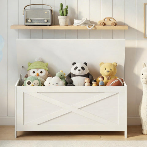 MAHANCRIS storage bench serves as a safe, lid-controlled seat.