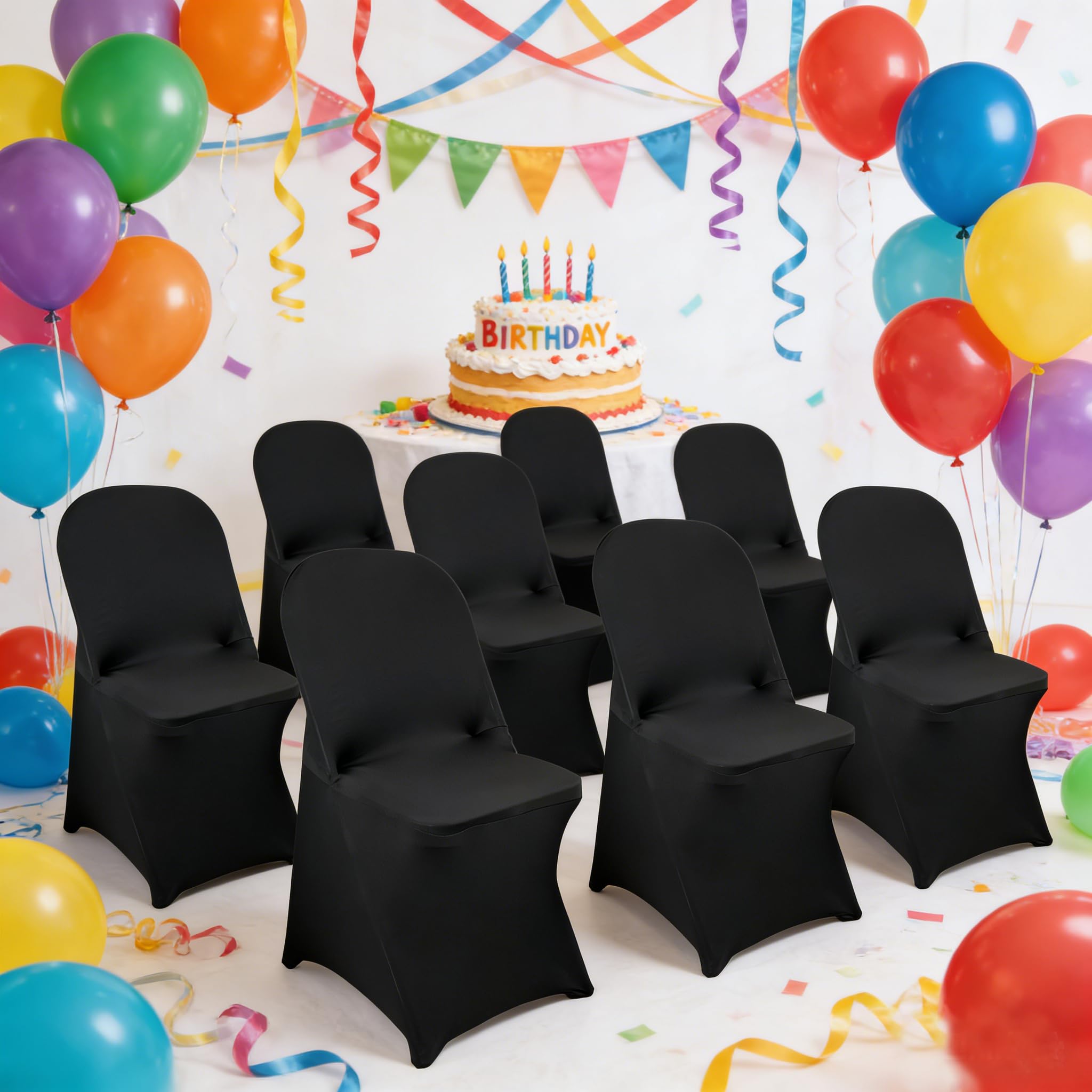Maiangel stretch-spandex fabric chair cover provides a snug wrinkle-free fit.