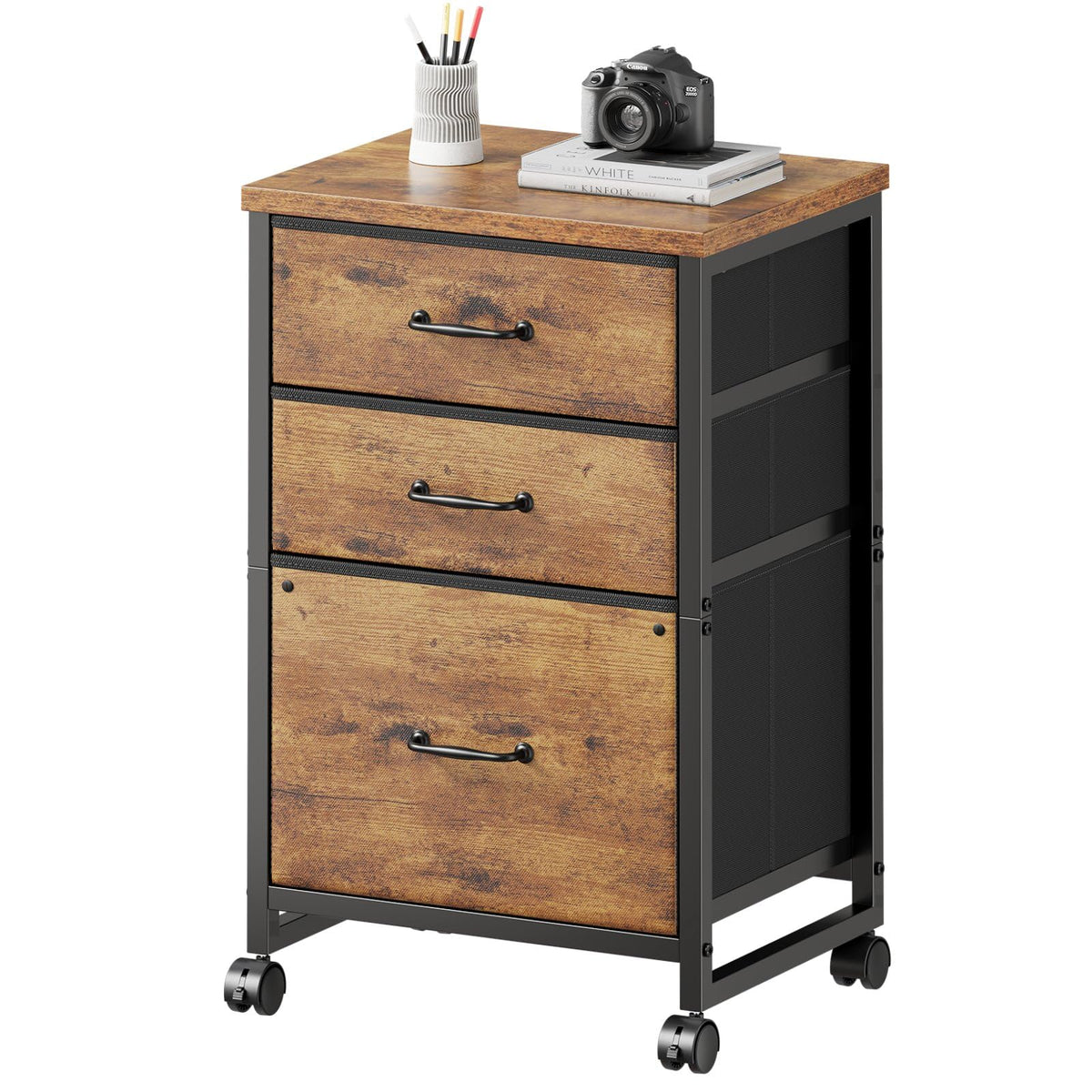 Maihail 3-drawer cabinet with wheels and fabric drawer for durable, organized storage.