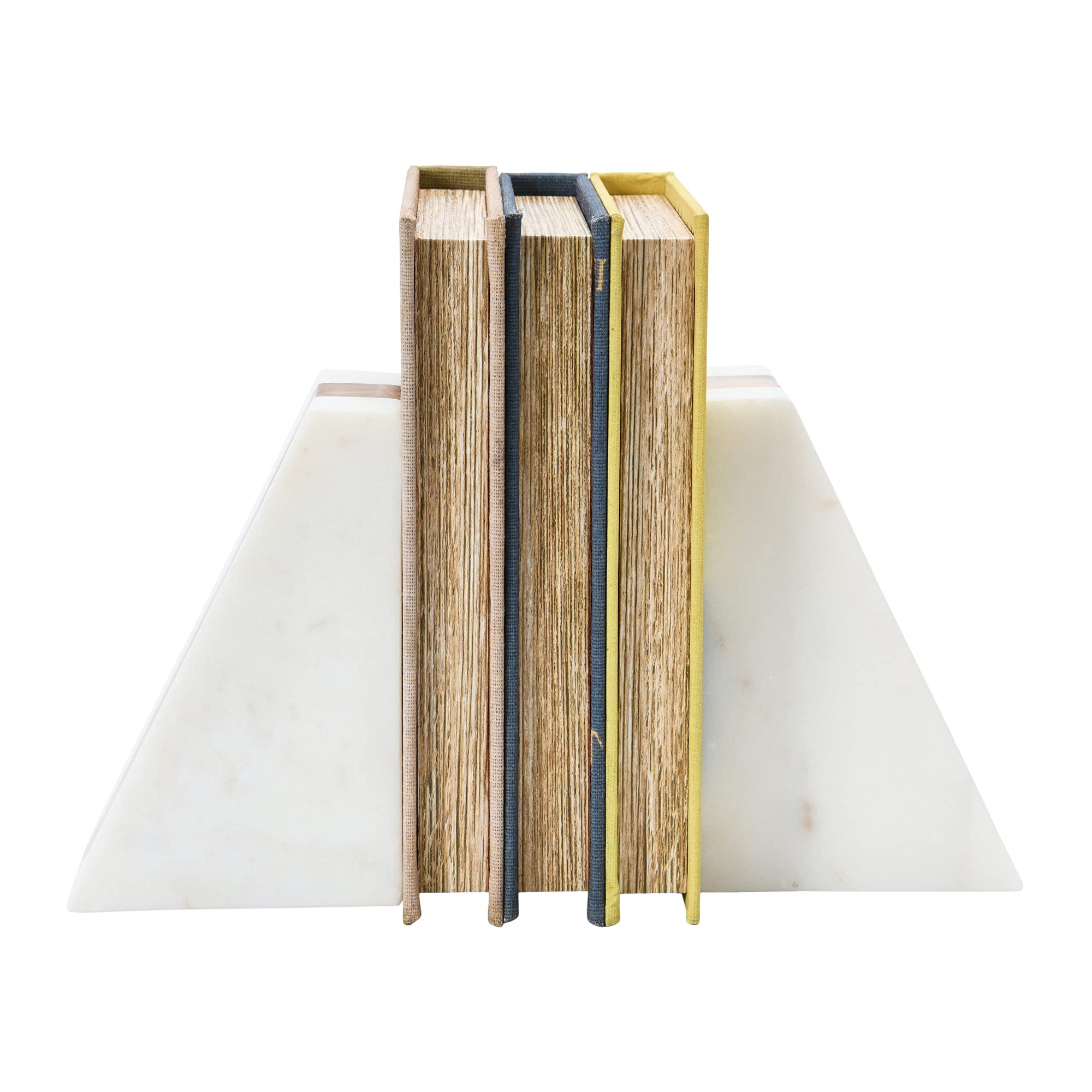 Main + Mesa boho shelf bookends pair well with other light wood accents on a bookshelf.