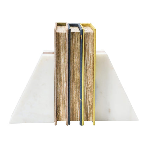 Main + Mesa boho shelf bookends pair well with other light wood accents on a bookshelf.