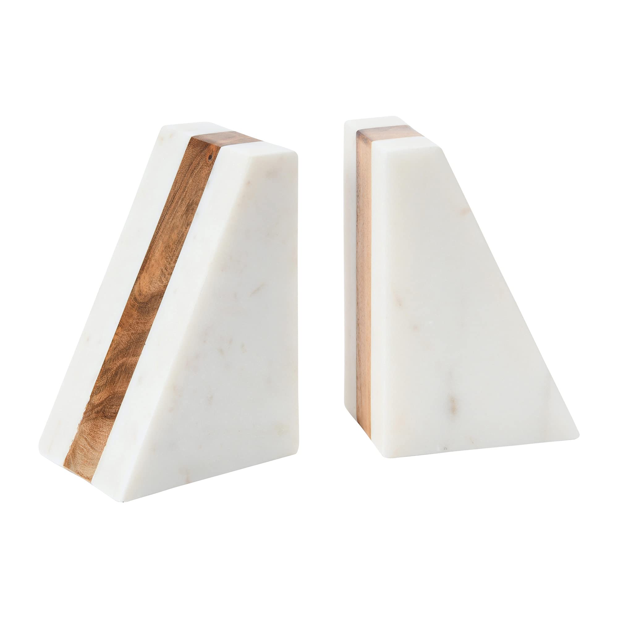 Main + Mesa marble bookends with white marble and wood inlay keep shelves tidy.