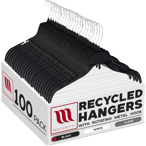 Mainetti black 17-inch recycled plastic hangers for organized shirts and dresses