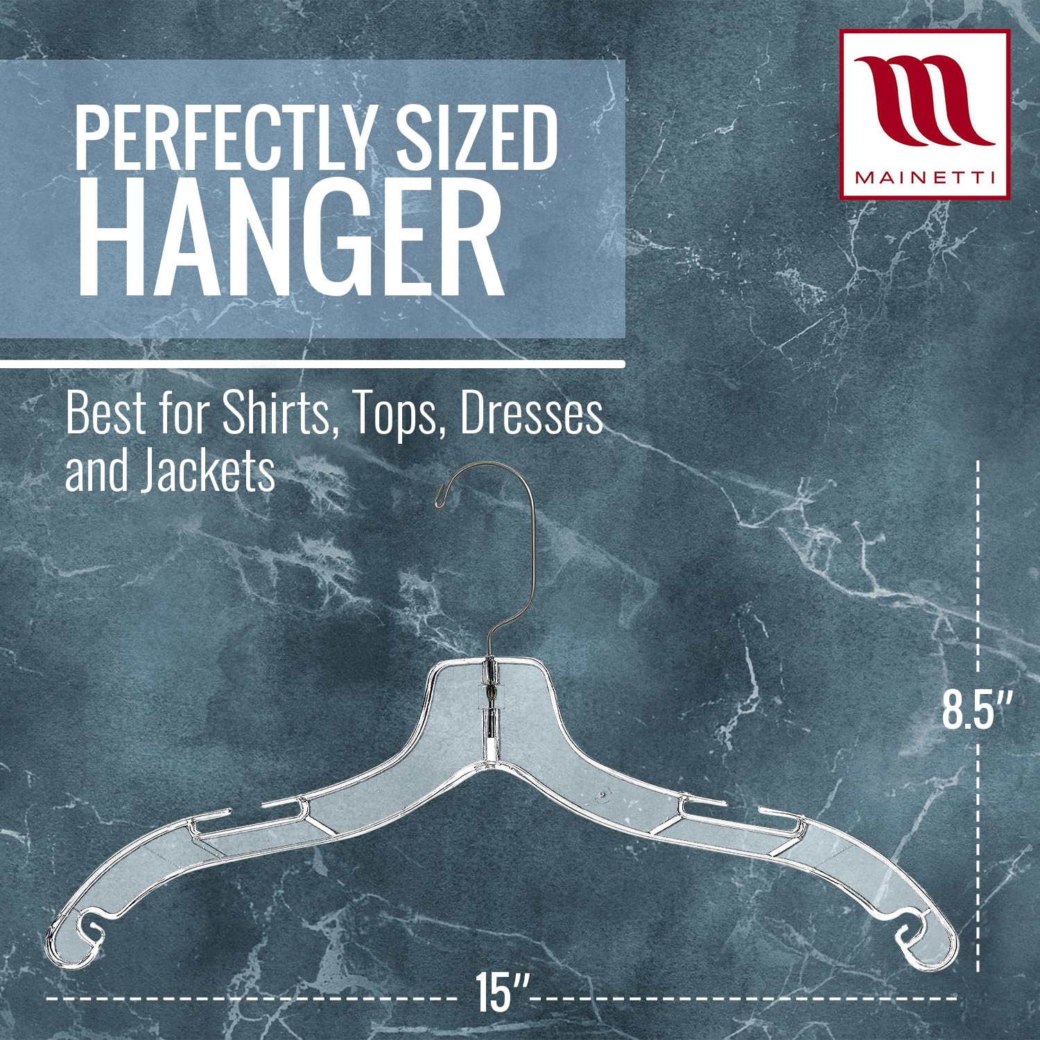 Mainetti hanger with strap notches for secure garment support.