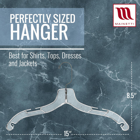 Mainetti hanger with strap notches for secure garment support.