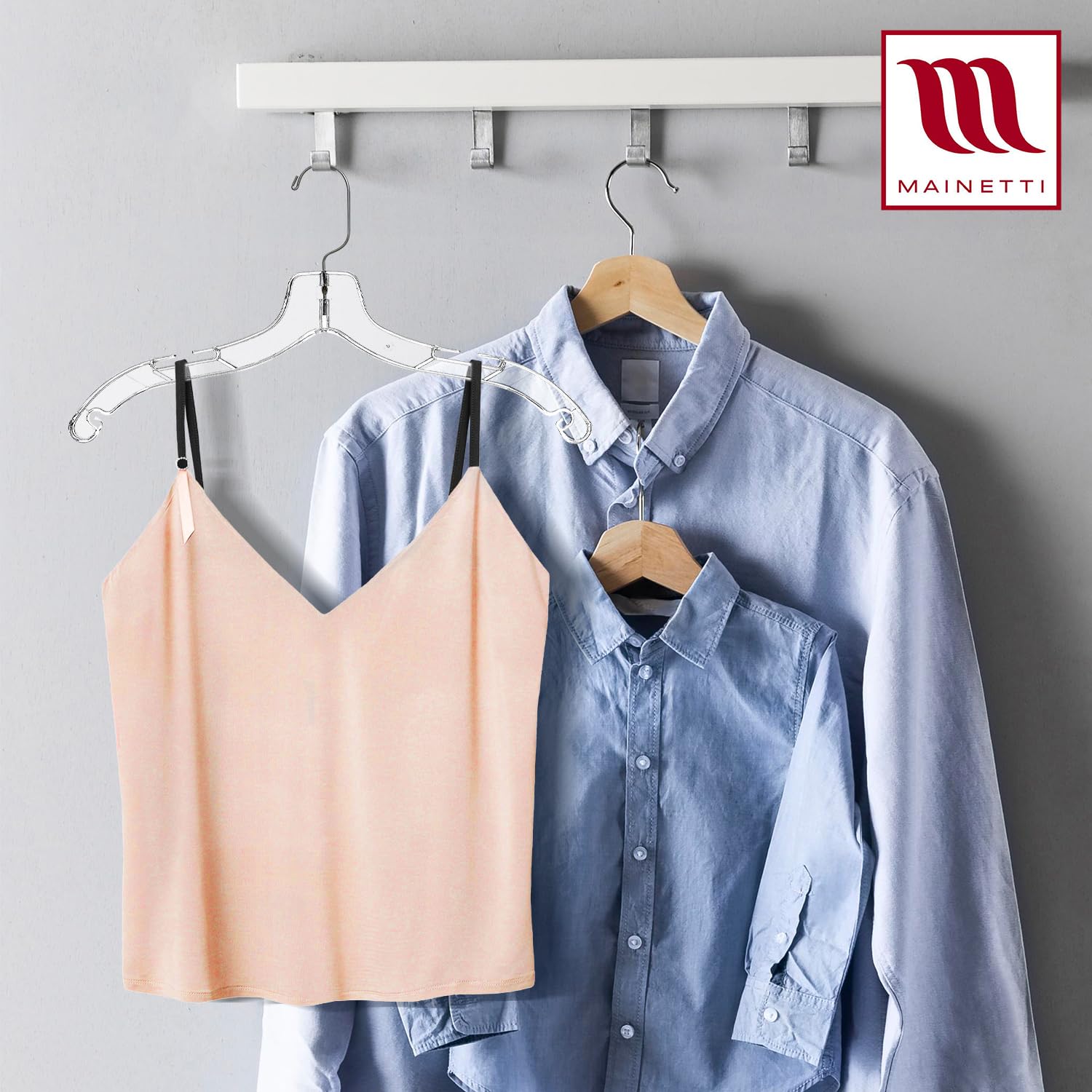 Mainetti sleek closet organization creates a coordinated boutique look.