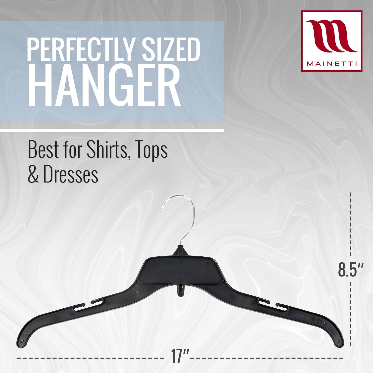 Mainetti strap-notch hanger secures delicate straps in place