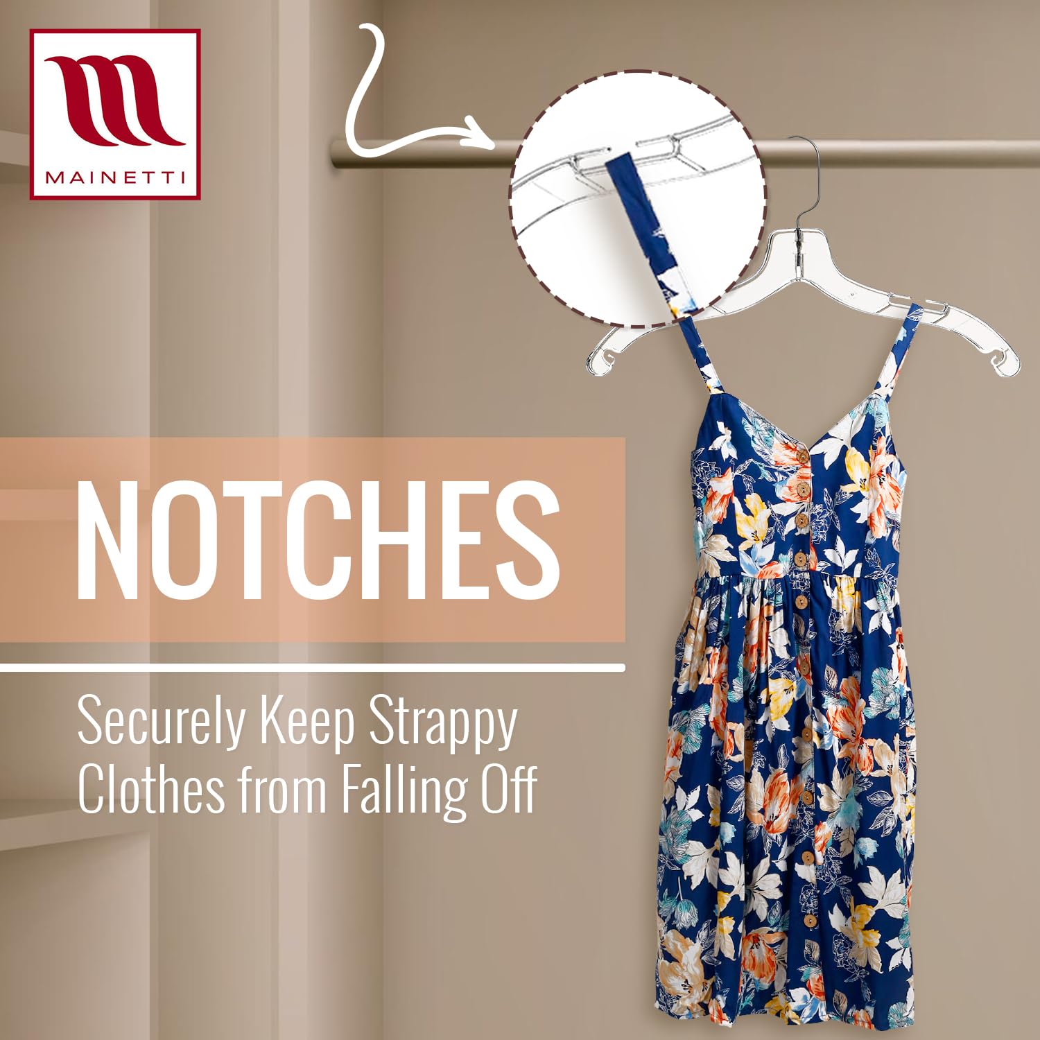 Mainetti hanger with 360-degree swivel hook for easy hanging.
