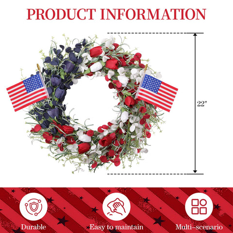 MAINGKAUNG wreath with flag tulips and eucalyptus adds festive entrance charm.