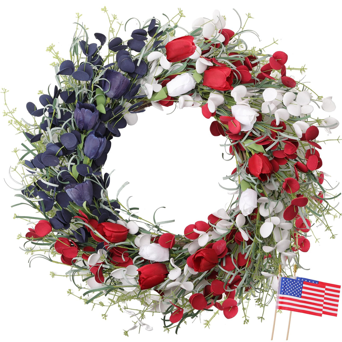 MAINGKAUNG Patriotic Wreath front door with bold colors elevates curb appeal.