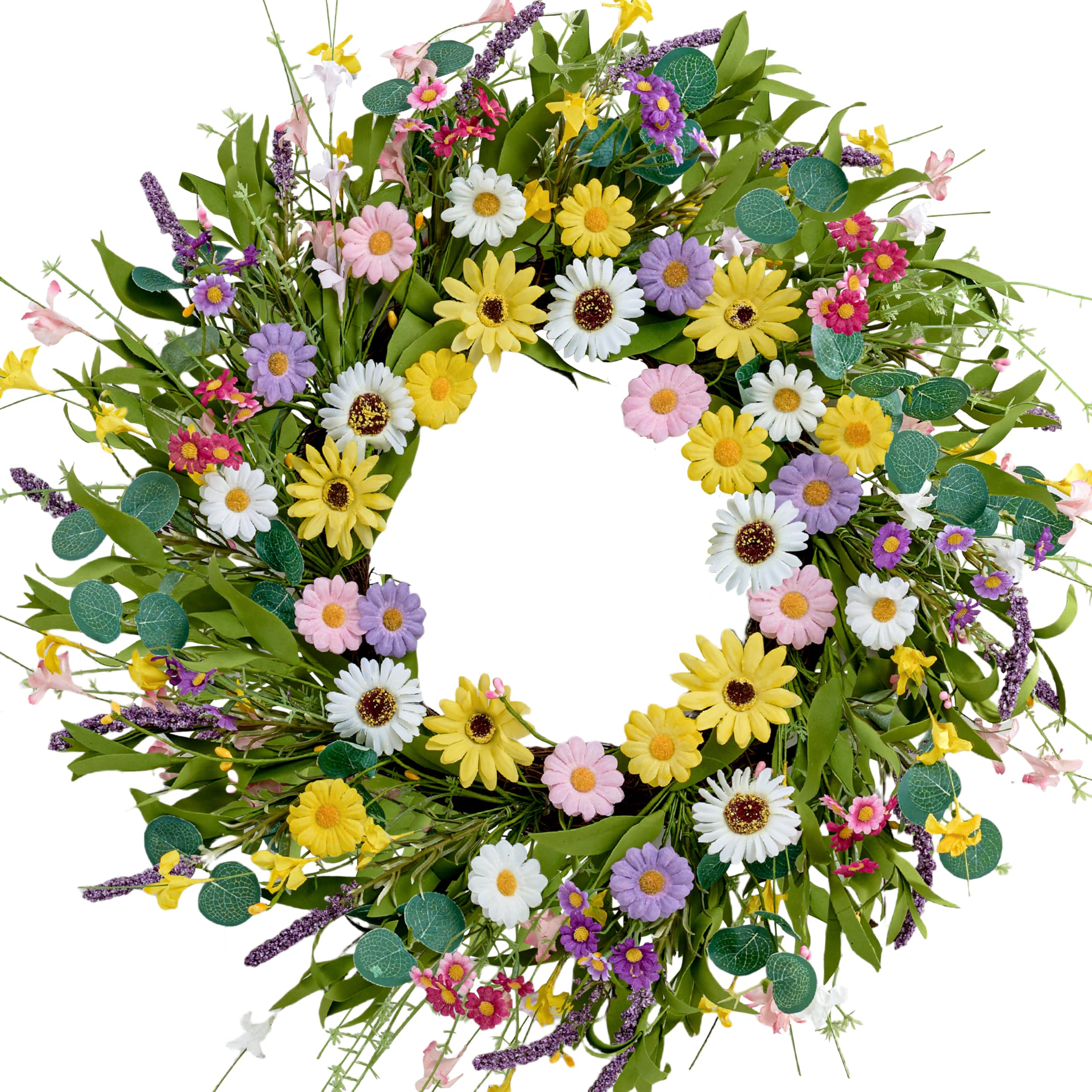 MAINGKAUNG Spring Wreath 22 Inch with daisies, lavender, and eucalyptus for vibrant entrance decor.