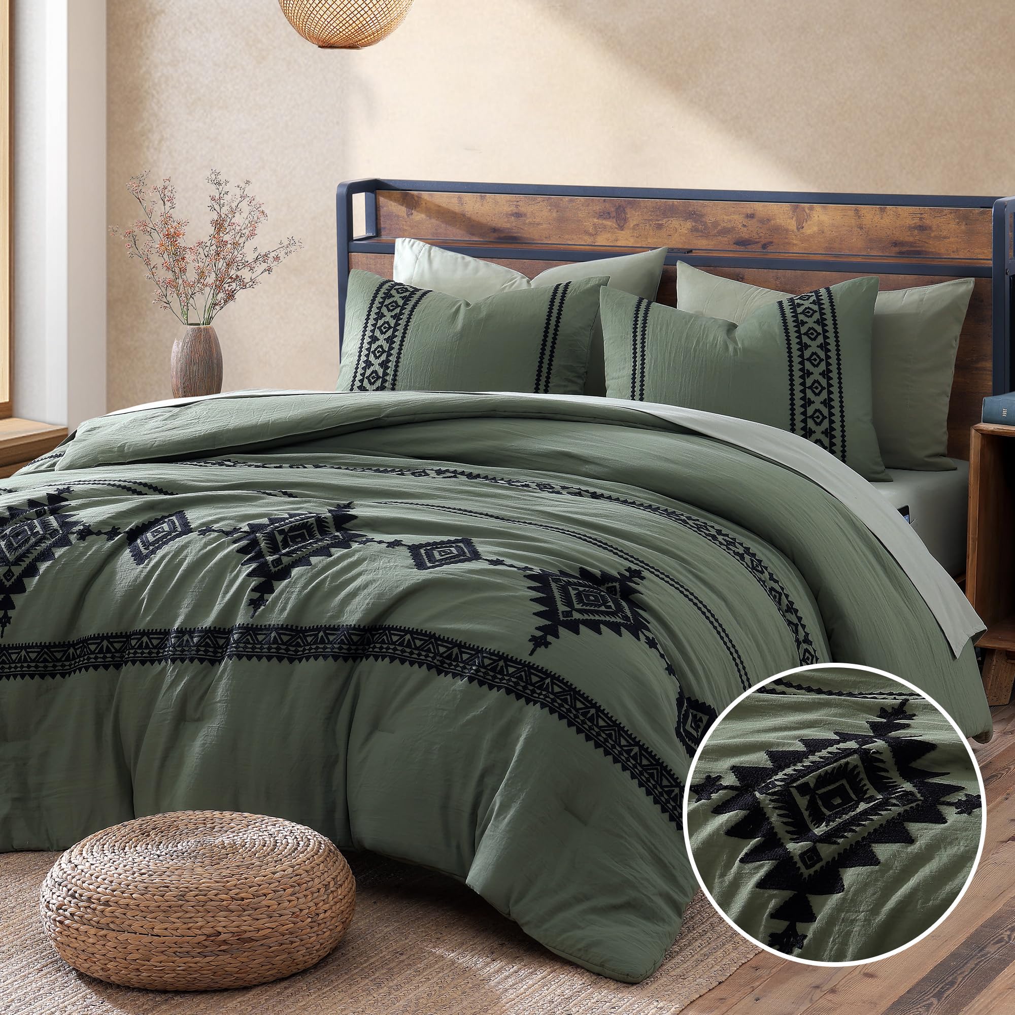 MaiRêve embroidery comforter olive-green oversize queen with prominent embroidery-detail for inviting texture.