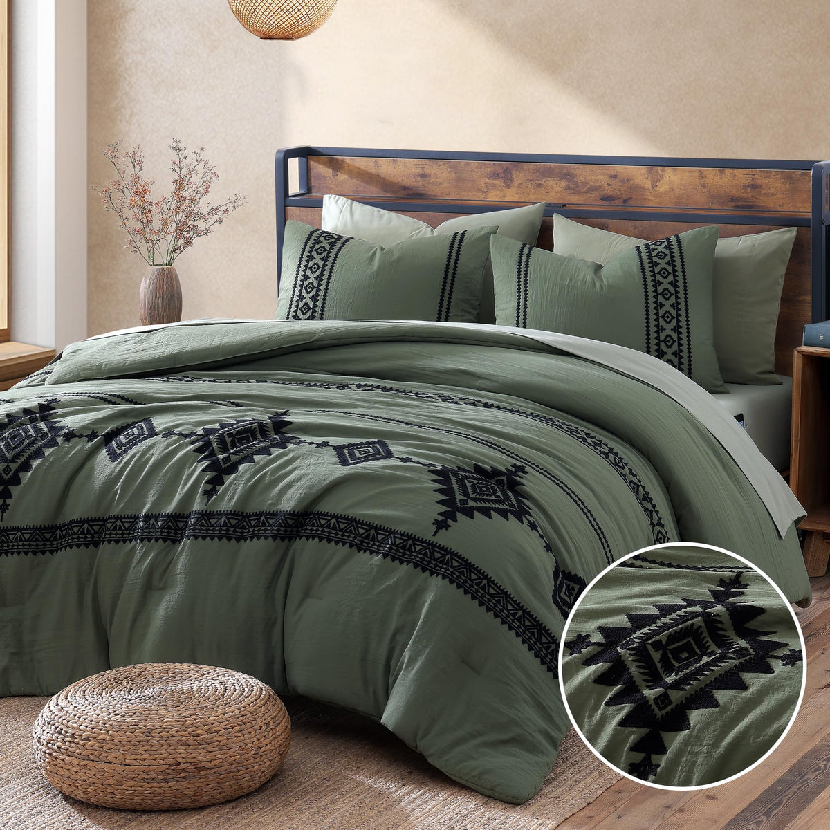 MaiRêve embroidery detail on olive-green queen comforter for a cozy farmhouse look.