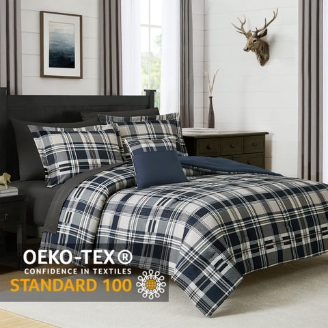MaiRêve navy plaid flat sheet adds smooth layering and easy care