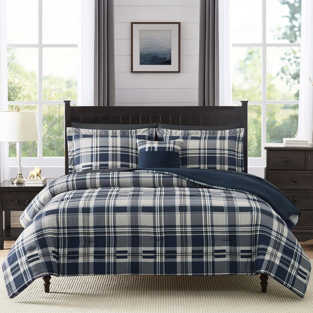 MaiRêve queen comforter in navy plaid for cozy all-season warmth