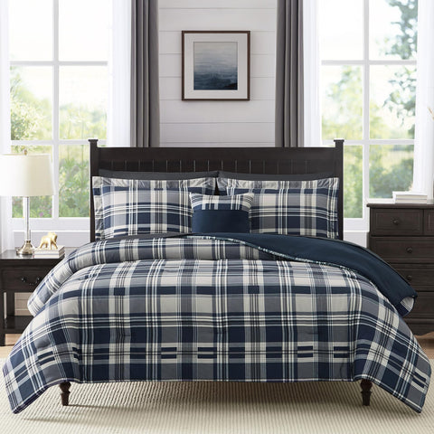 MaiRêve queen comforter in navy plaid for cozy all-season warmth