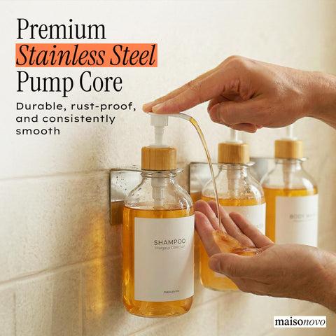 MAISONOVO 500ml bottles ready for easy refills in a busy bathroom