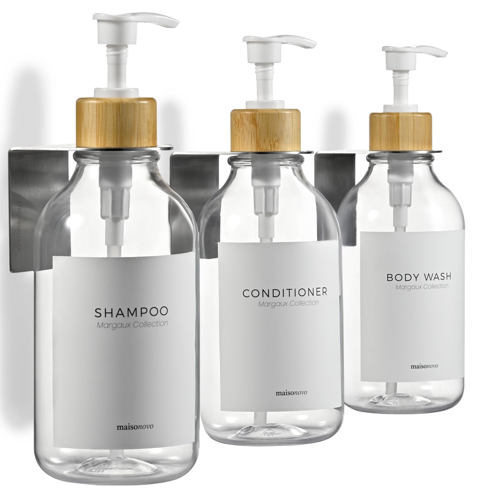 MAISONOVO clear bamboo shampoo dispenser trio on wall keeps shower organized