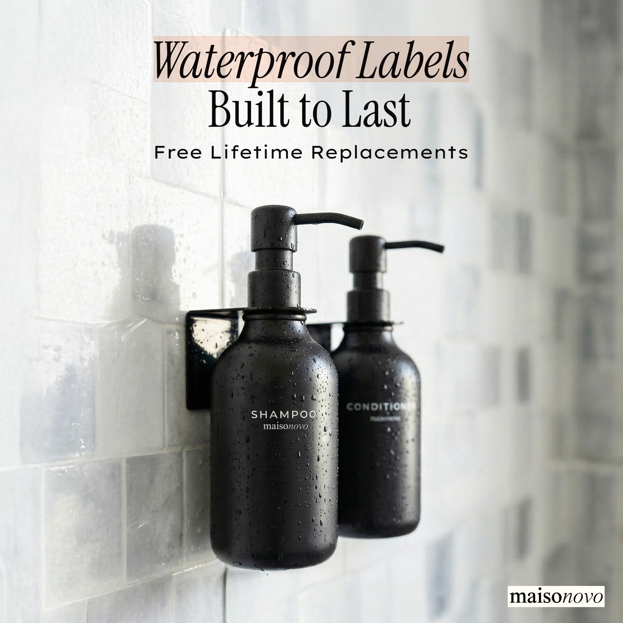 MAISONOVO waterproof labels clearly mark containers in humid bathrooms.