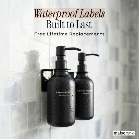 MAISONOVO waterproof labels clearly mark containers in humid bathrooms.