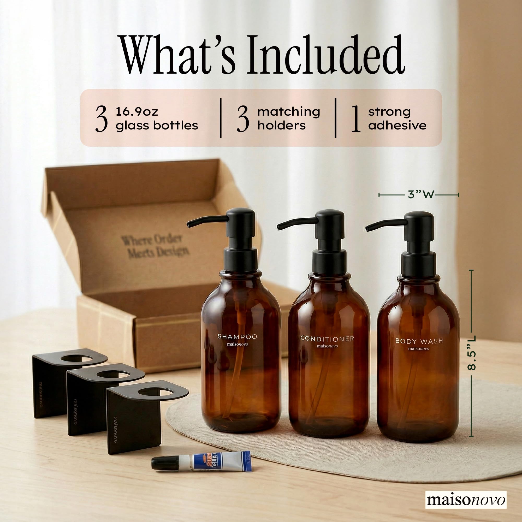 Adhesive wall brackets ensure drill-free, secure mounting for MAISONOVO dispensers
