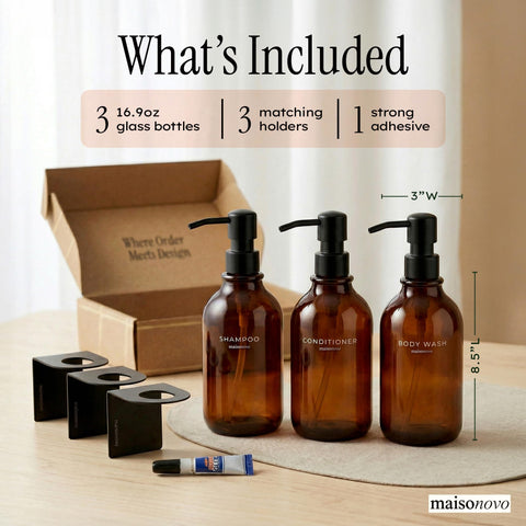 Adhesive wall brackets ensure drill-free, secure mounting for MAISONOVO dispensers