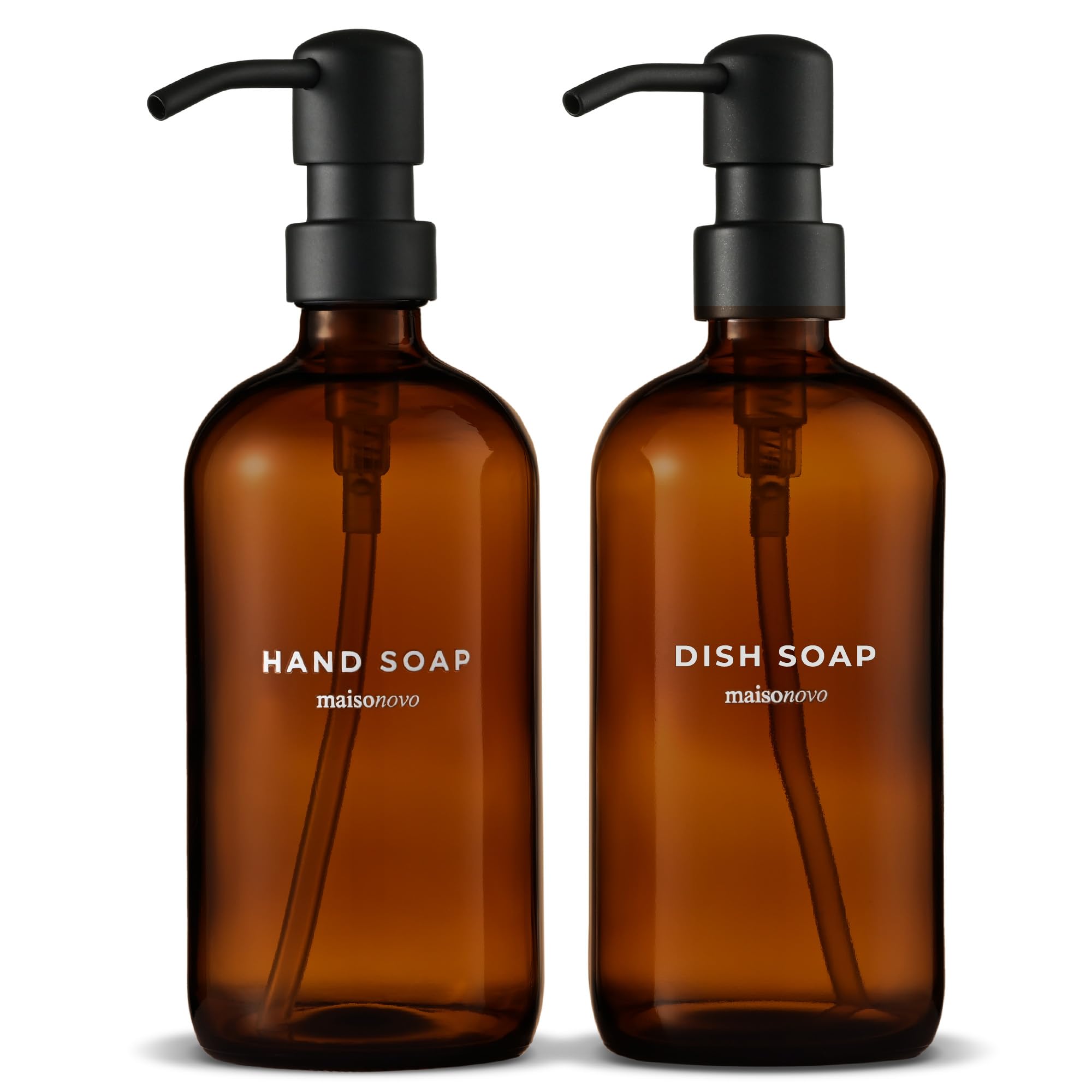 Maisonovo amber bottles with black pumps for spill-free soap and lotion at kitchen or bath.