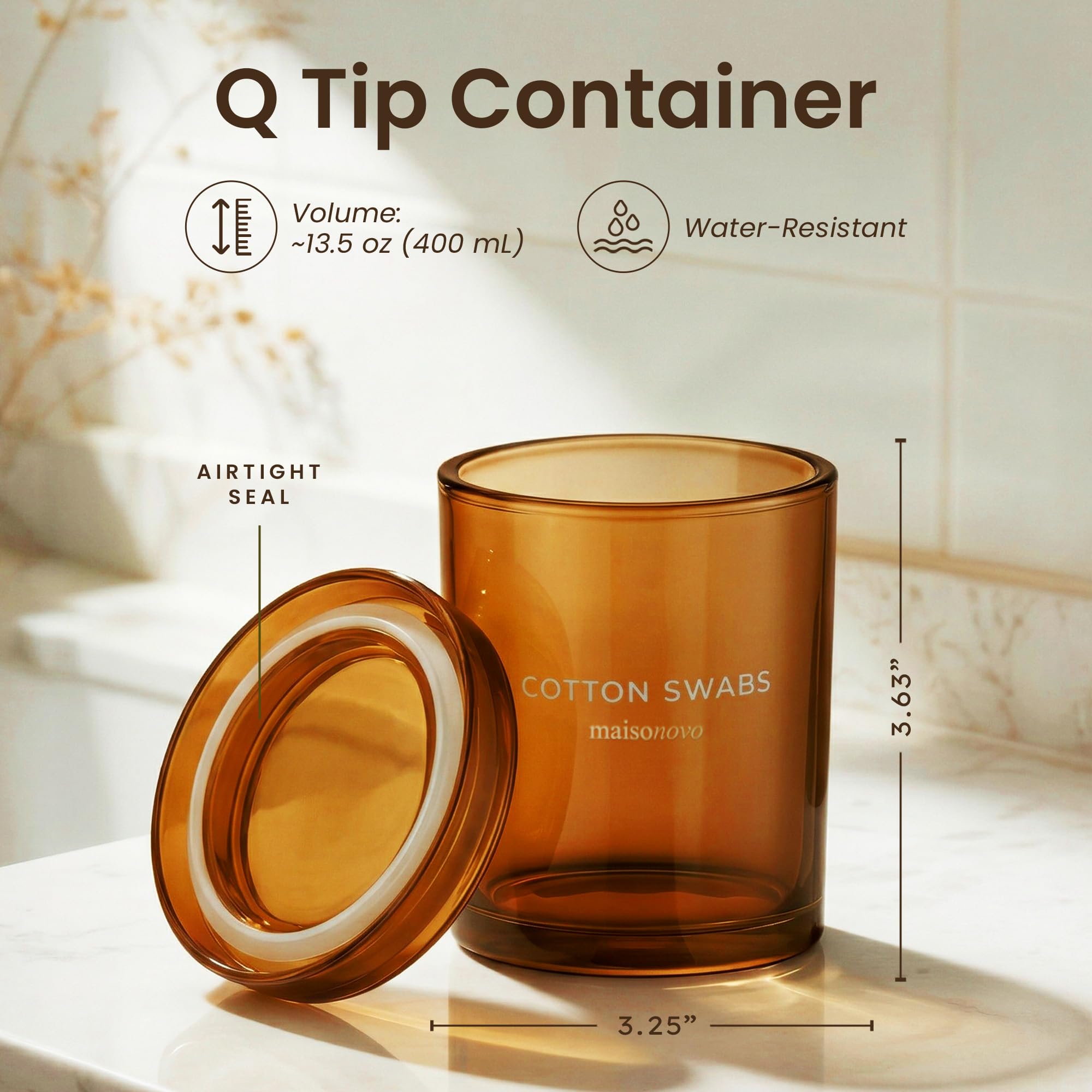 Maisonovo amber glass cotton ball holder provides quick access while staying dry.