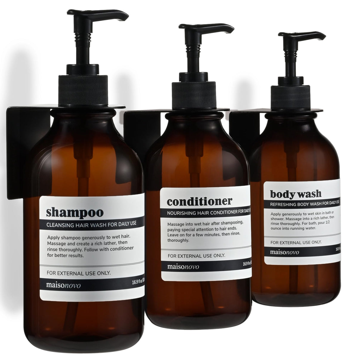 Maisonovo amber shampoo dispenser wall-mount for clutter-free shower.