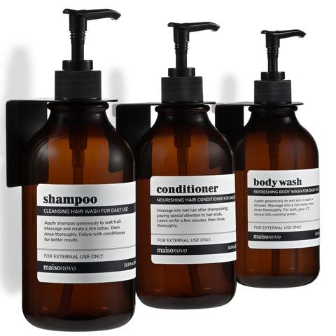 Maisonovo amber shampoo dispenser wall-mount for clutter-free shower.