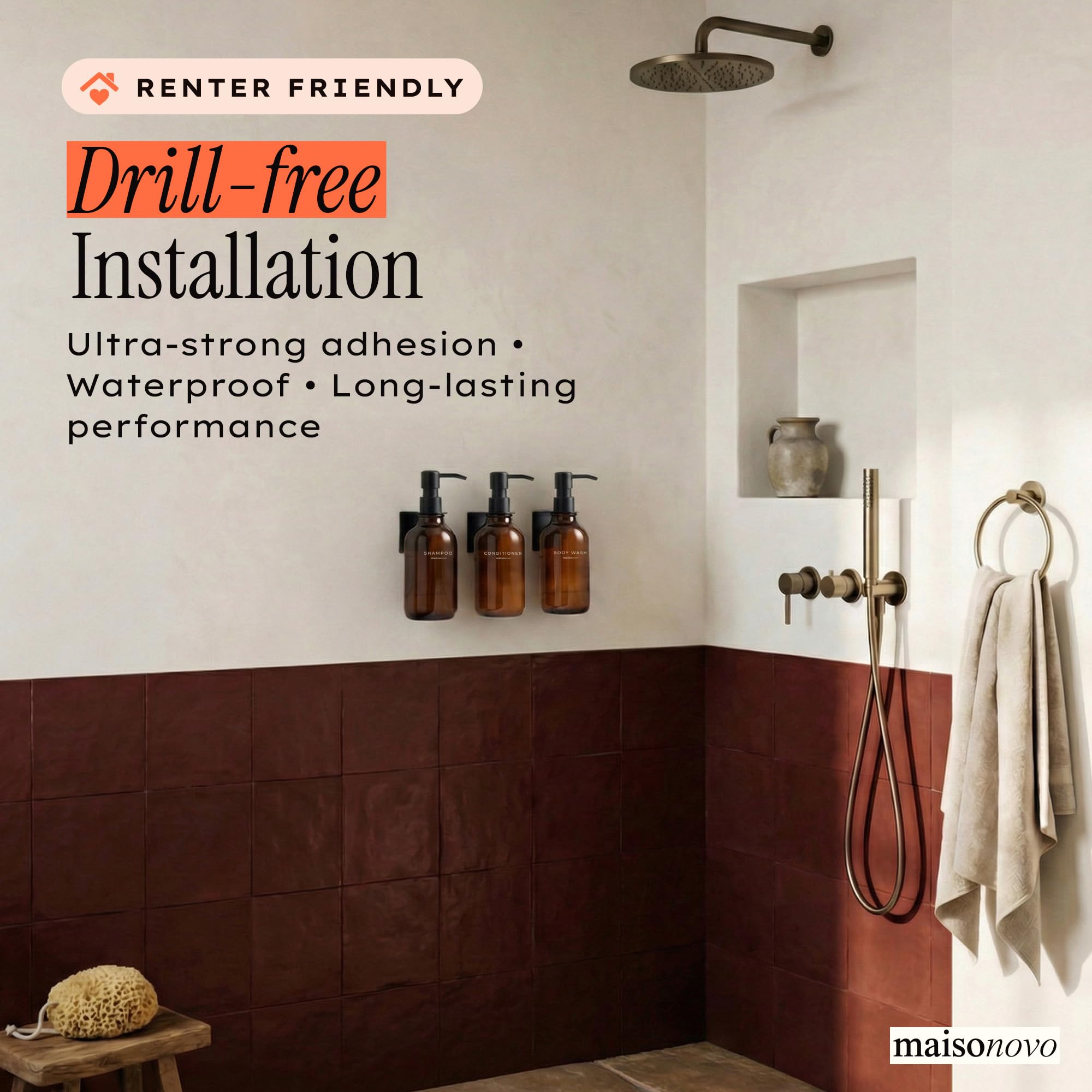 MAISONOVO bathroom shower organizer setup with three chambers streamlines refilling