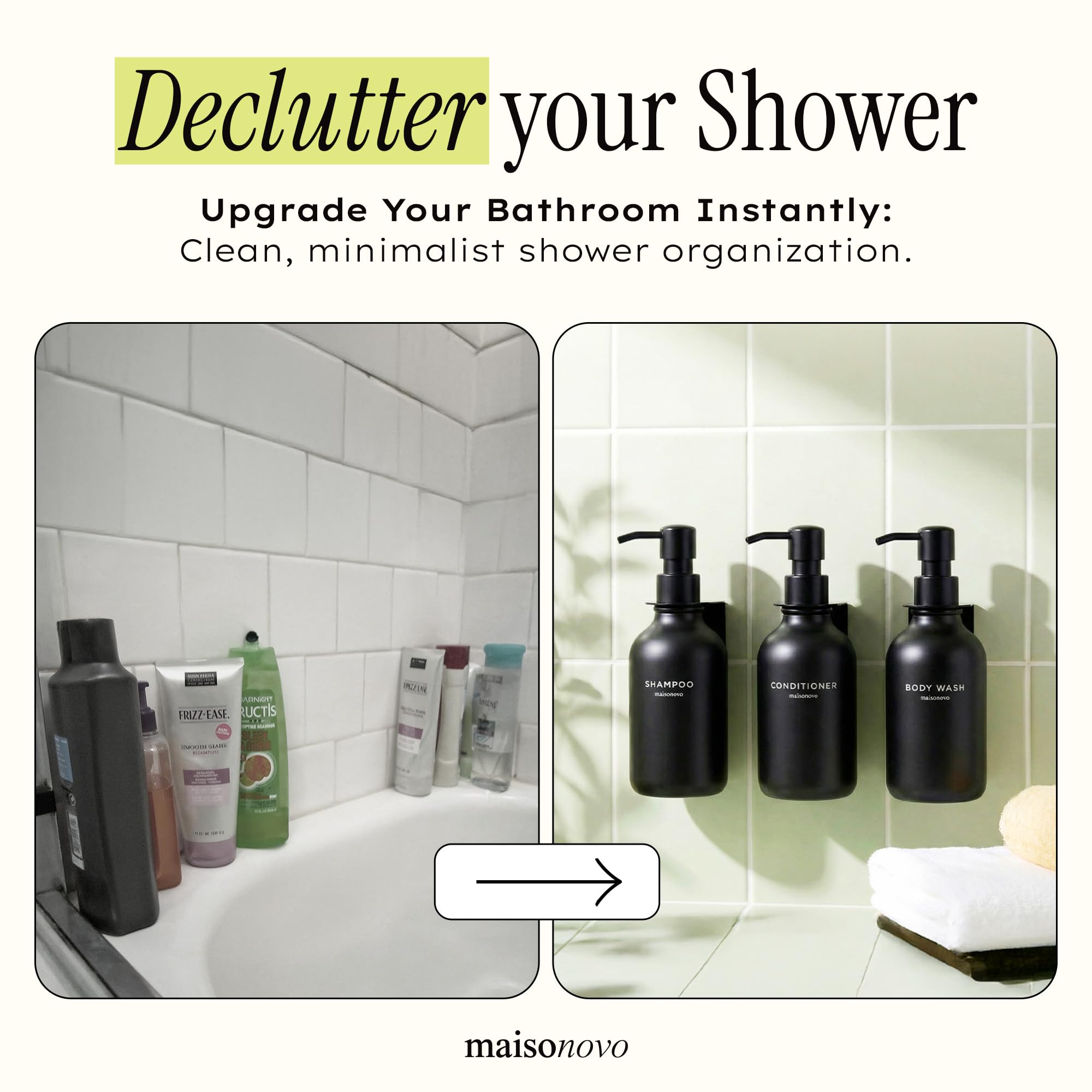MAISONOVO body wash decal labels for quick bottle identification.