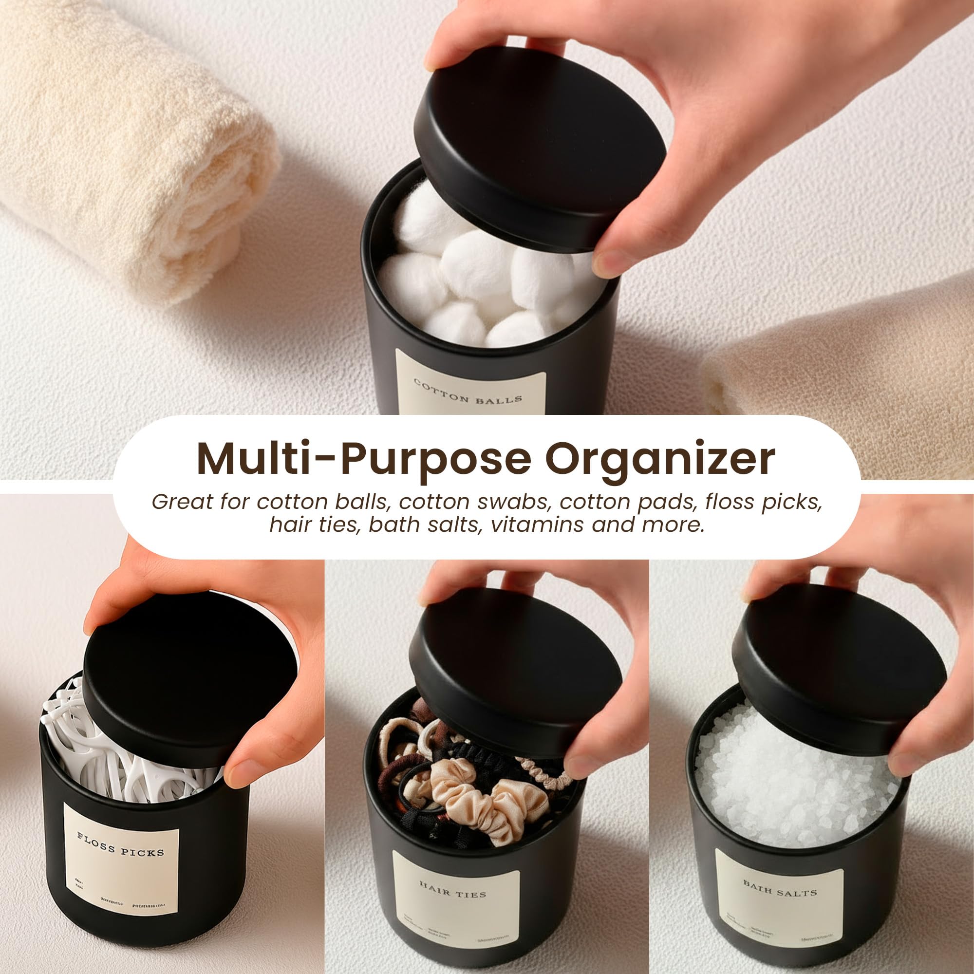 Maisonovo cotton ball and cotton swab storage in clear glass jars.