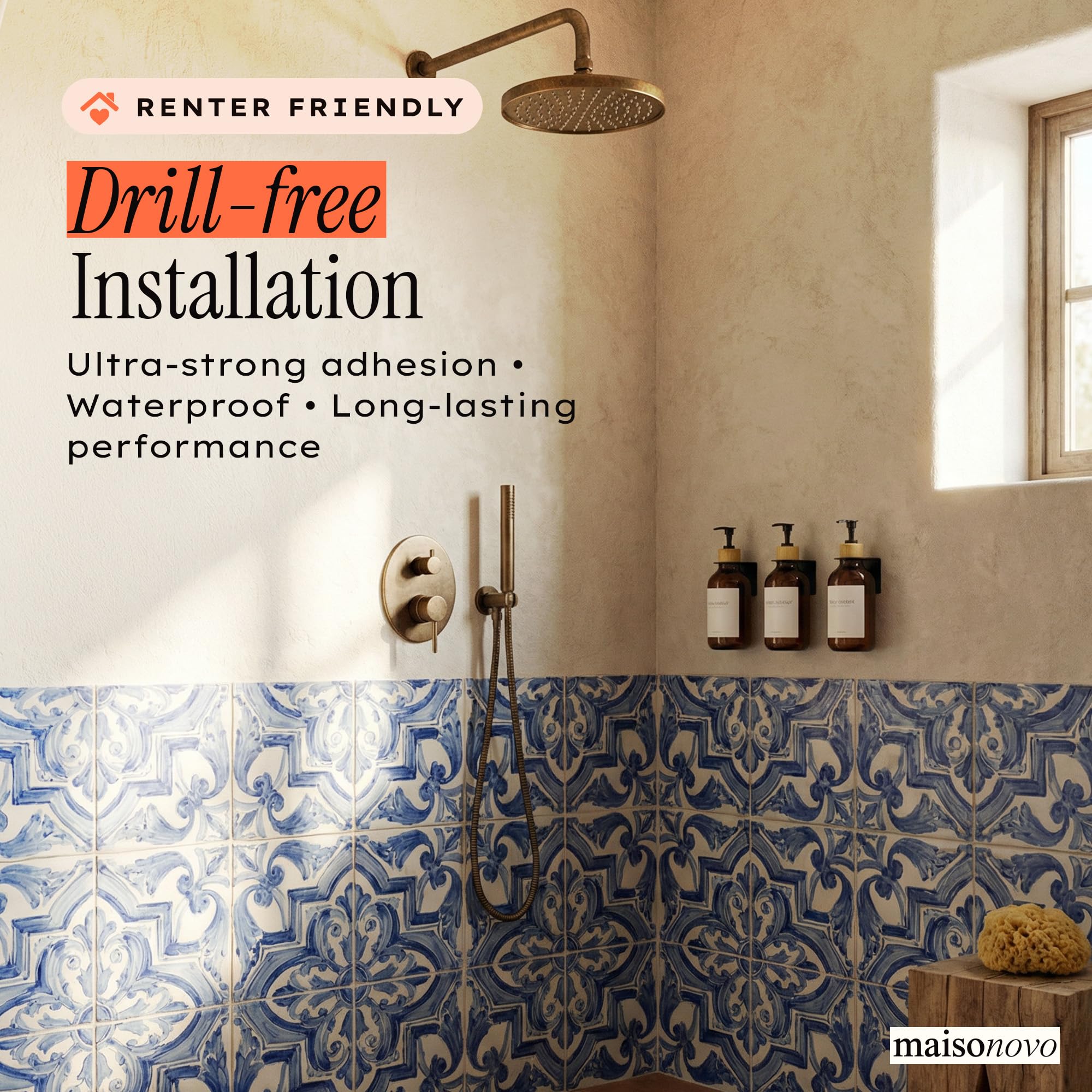 Refillable MAISONOVO dispensers reduce plastic waste in bathroom routines.