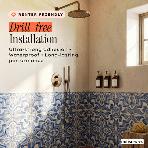 Refillable MAISONOVO dispensers reduce plastic waste in bathroom routines.