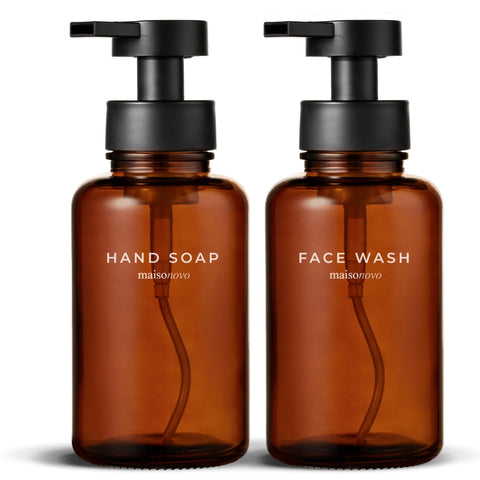 MAISONOVO glass foaming dispenser amber front view, stylishly organized for easy soap dispensing.