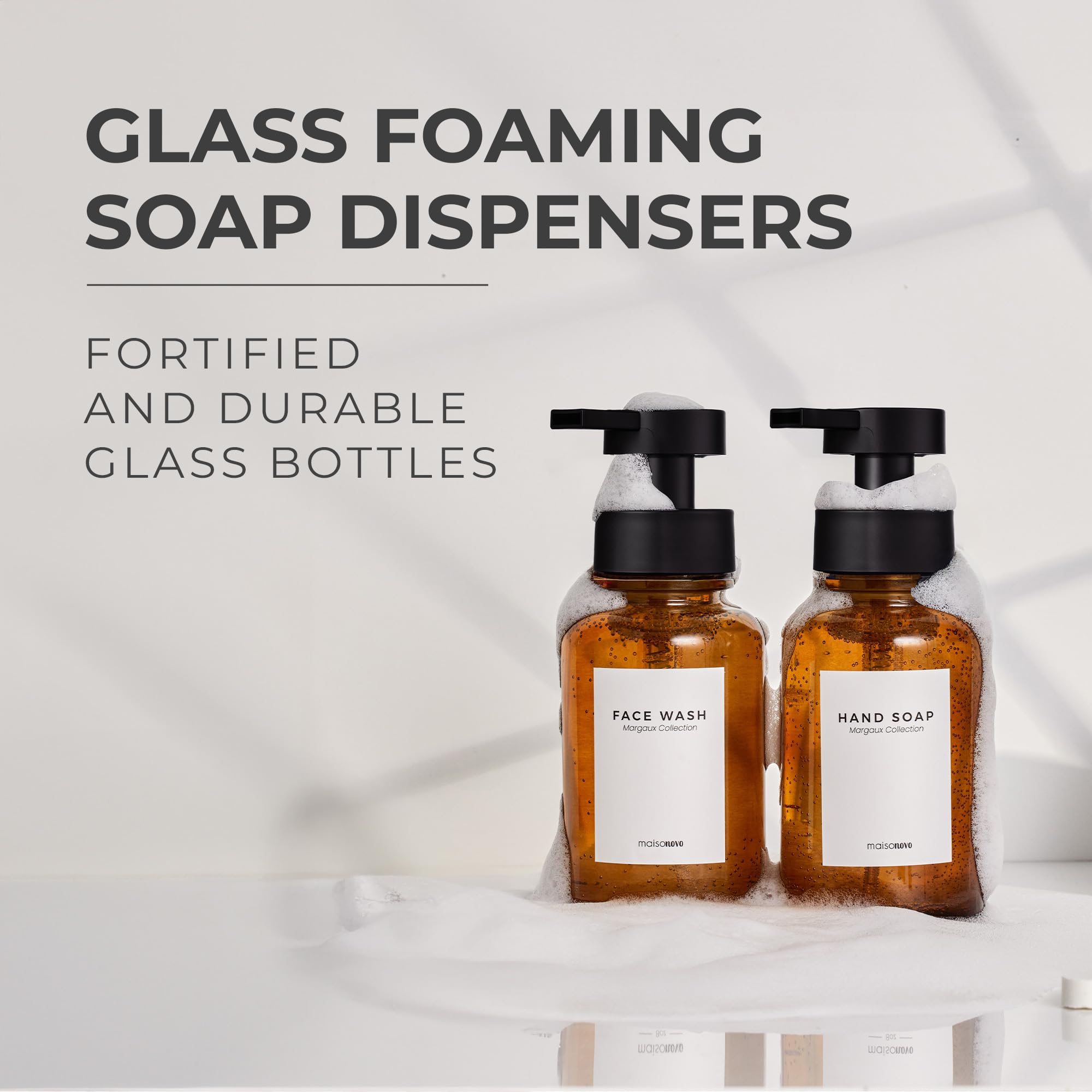 MAISONOVO amber glass dispensing duo from the side, complements modern bathroom décor.