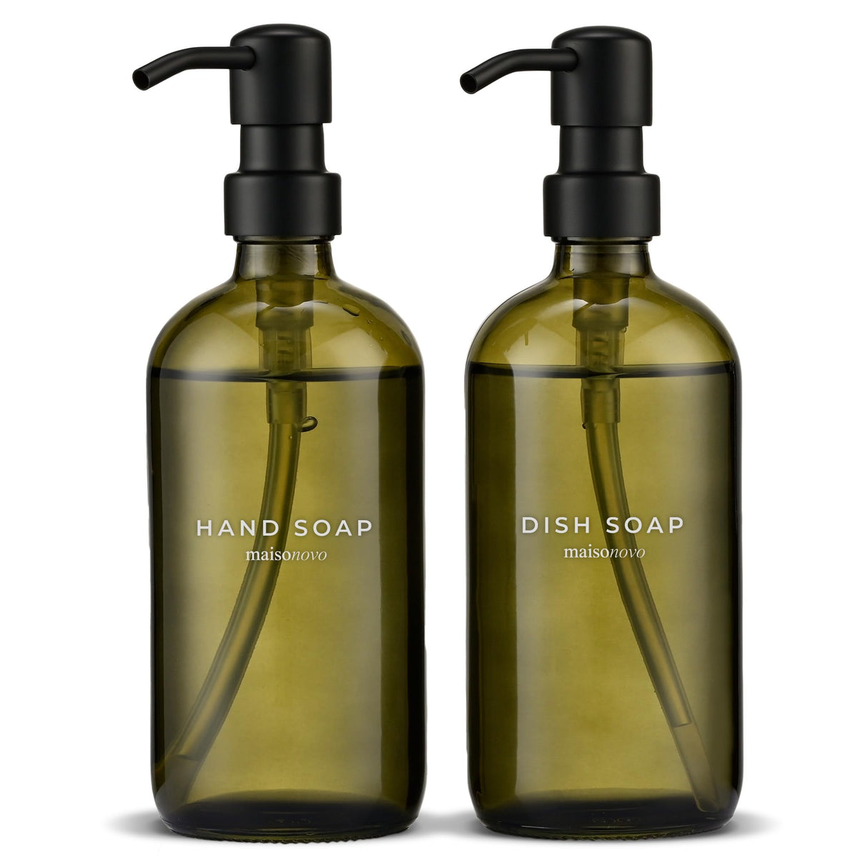 MAISONOVO green glass soap dispensers with black pumps for stylish kitchen or bathroom use.