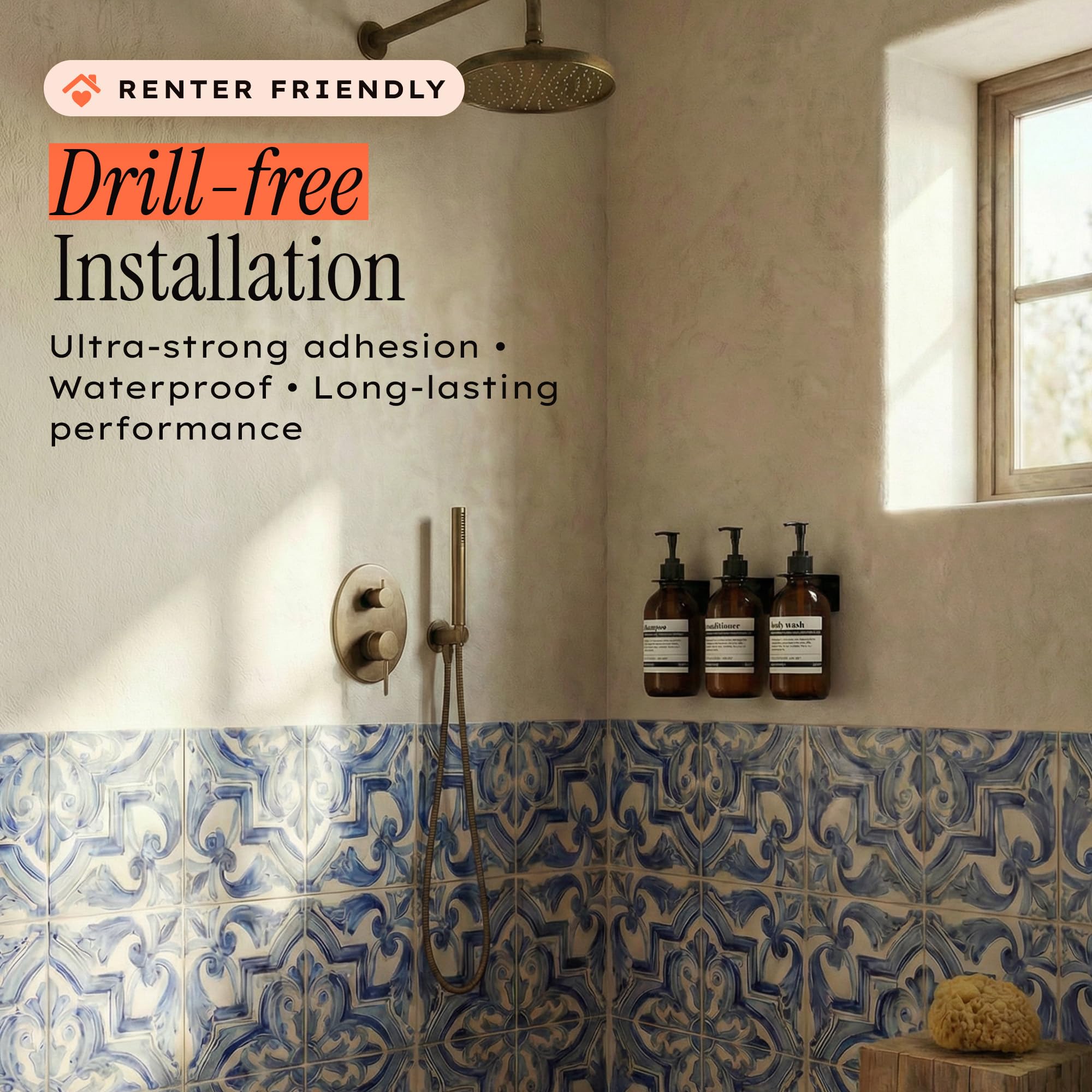 Maisonovo no-drill installation shown on smooth bathroom surface.
