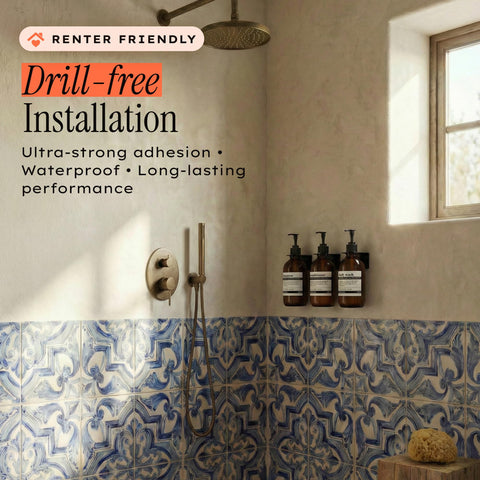 Maisonovo no-drill installation shown on smooth bathroom surface.