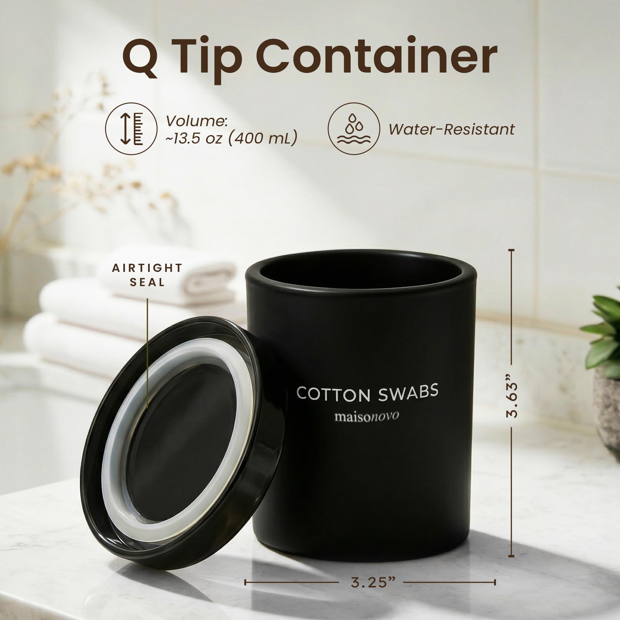 Maisonovo qtip holder with bamboo lid showing airtight seal for freshness.
