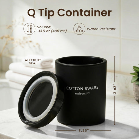 Maisonovo qtip holder with bamboo lid showing airtight seal for freshness.