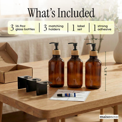 Adhesive wall brackets by MAISONOVO secure dispensers without drilling.
