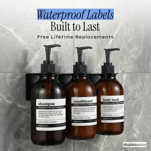 Maisonovo waterproof labels for shampoo, conditioner, and body wash.
