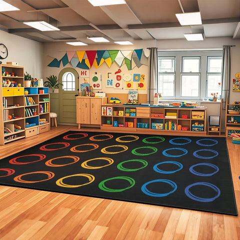 MAISONRINA classroom rug with colorful circle design for circle time.
