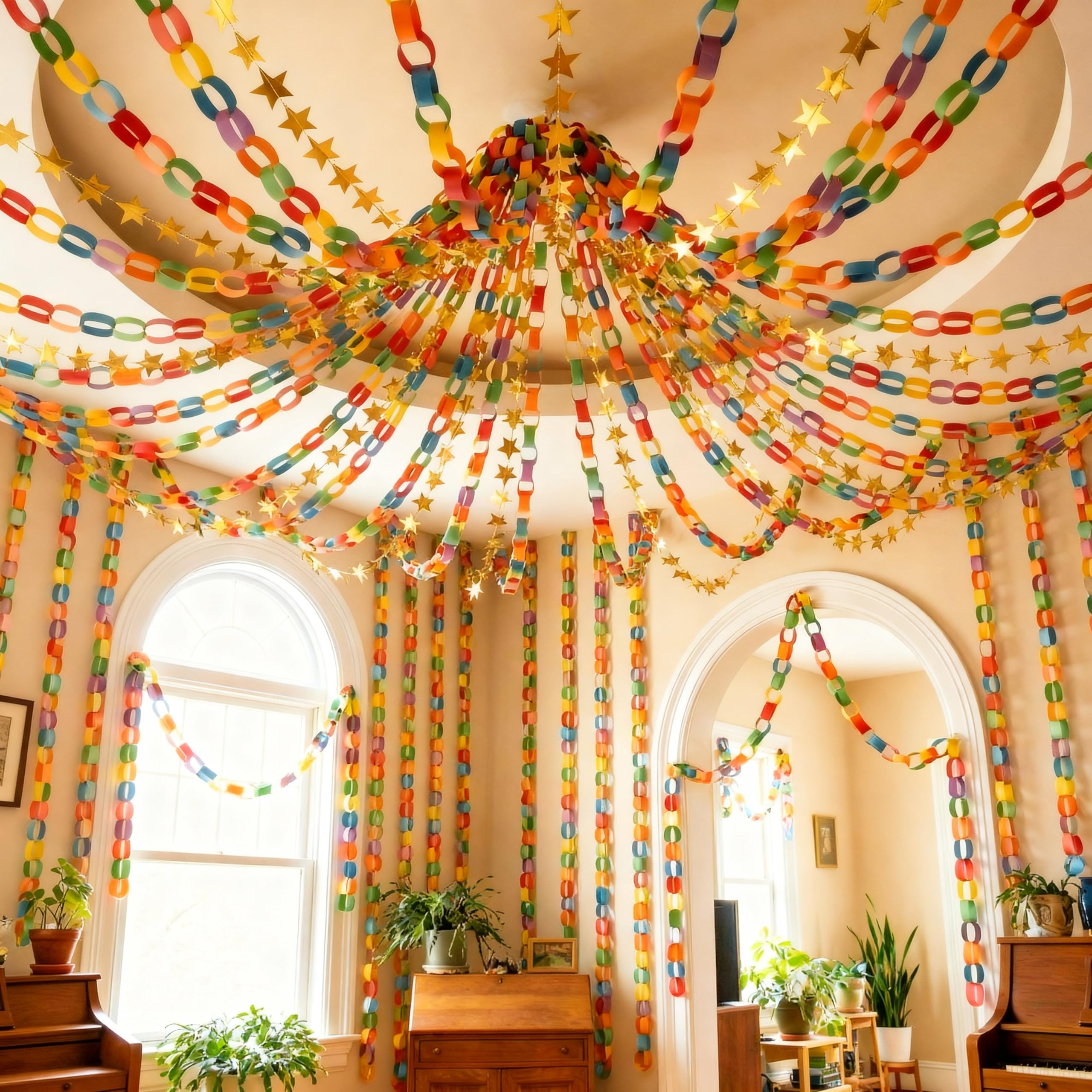 Maitys 13ft mirror star garland hung as party backdrop.